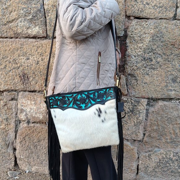 Western Fringe Purse, Tooled Cowhide Tote Bag with Detachable Crossbody Strap - Picture 2 of 11